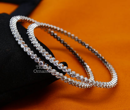 Handmade 925 sterling silver cubic zircon bangle bracelet with intricate tribal design, suitable for women and girls.