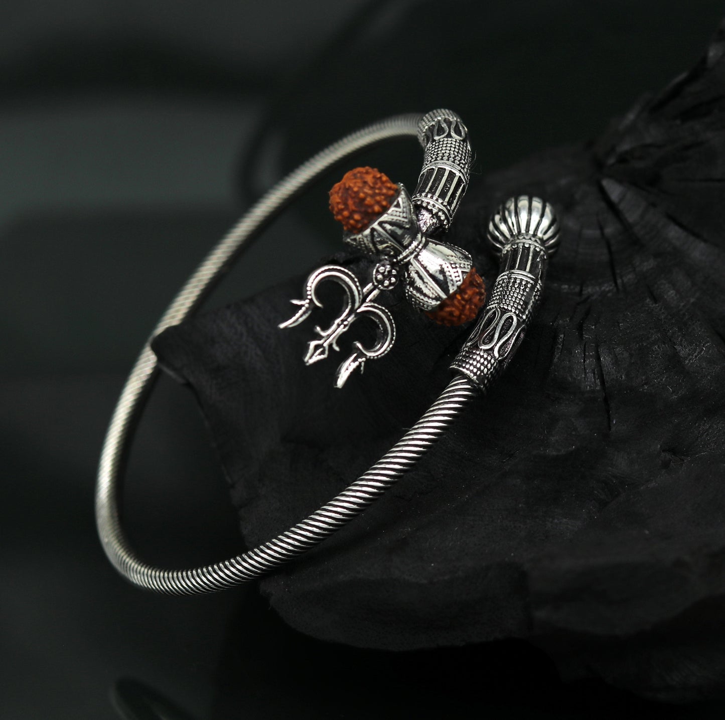 925 sterling silver handmade gorgeous customized lord shiva bangle bracelet, excellent trident trishul with rudraksha unisex jewelry nssk17 - TRIBAL ORNAMENTS