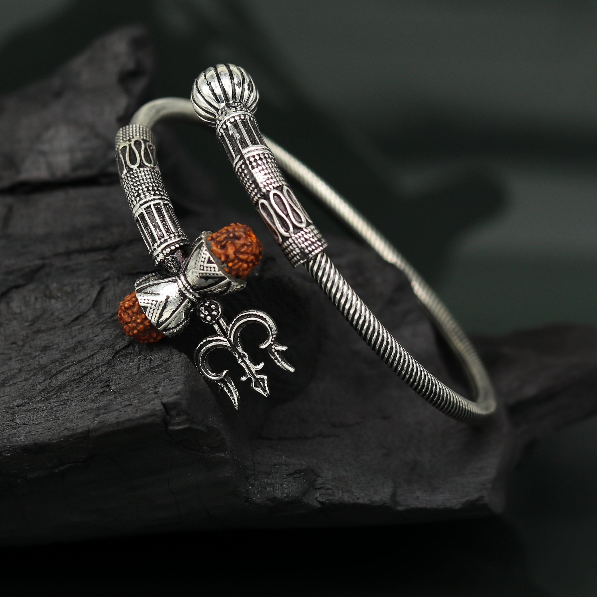925 sterling silver handmade gorgeous customized lord shiva bangle bracelet, excellent trident trishul with rudraksha unisex jewelry nssk17 - TRIBAL ORNAMENTS
