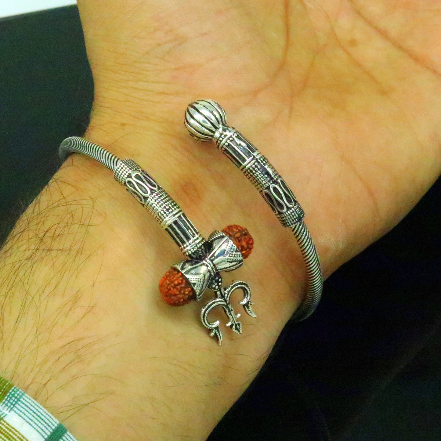 925 sterling silver handmade gorgeous customized lord shiva bangle bracelet, excellent trident trishul with rudraksha unisex jewelry nssk17 - TRIBAL ORNAMENTS
