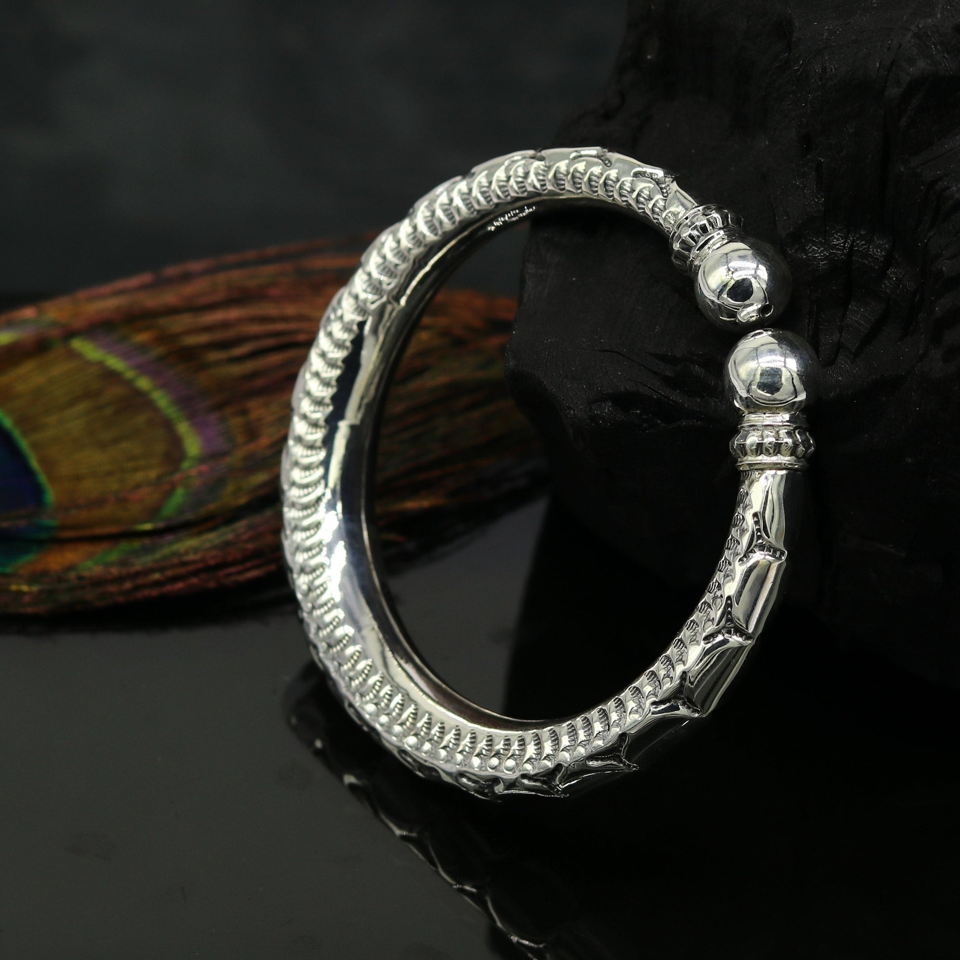 Sterling silver handmade bangle cuff bracelet with customized intricate vintage design, unisex stylish jewelry by TRIBAL ORNAMENTS.