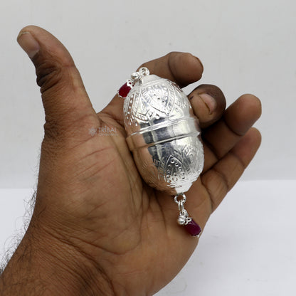 Handmade 925 sterling silver coconut for puja and worship, crafted by TRIBAL ORNAMENTS, ideal for Diwali puja ceremonies.