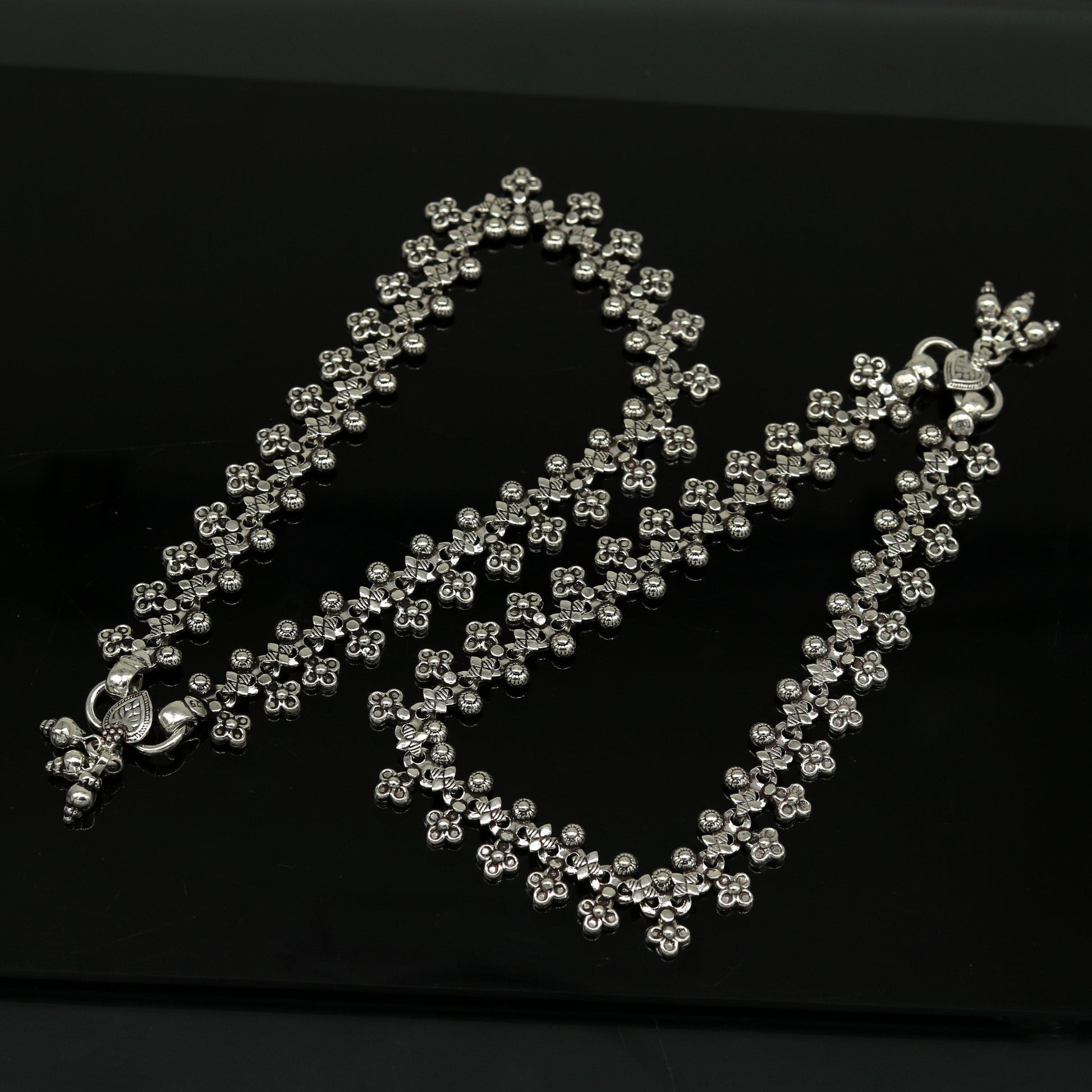 925 sterling silver handmade gorgeous flexible 10.5 inches long anklets. tribal belly dance ankle bracelet foot jewelry from india ank245 - TRIBAL ORNAMENTS
