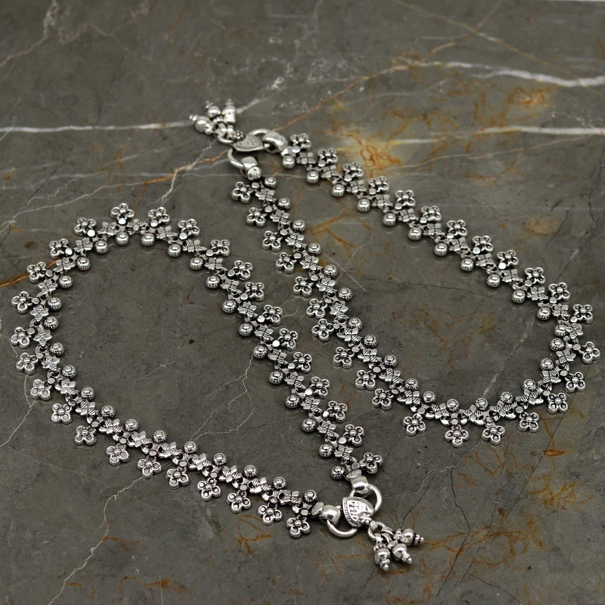 925 sterling silver handmade gorgeous flexible 10.5 inches long anklets. tribal belly dance ankle bracelet foot jewelry from india ank245 - TRIBAL ORNAMENTS
