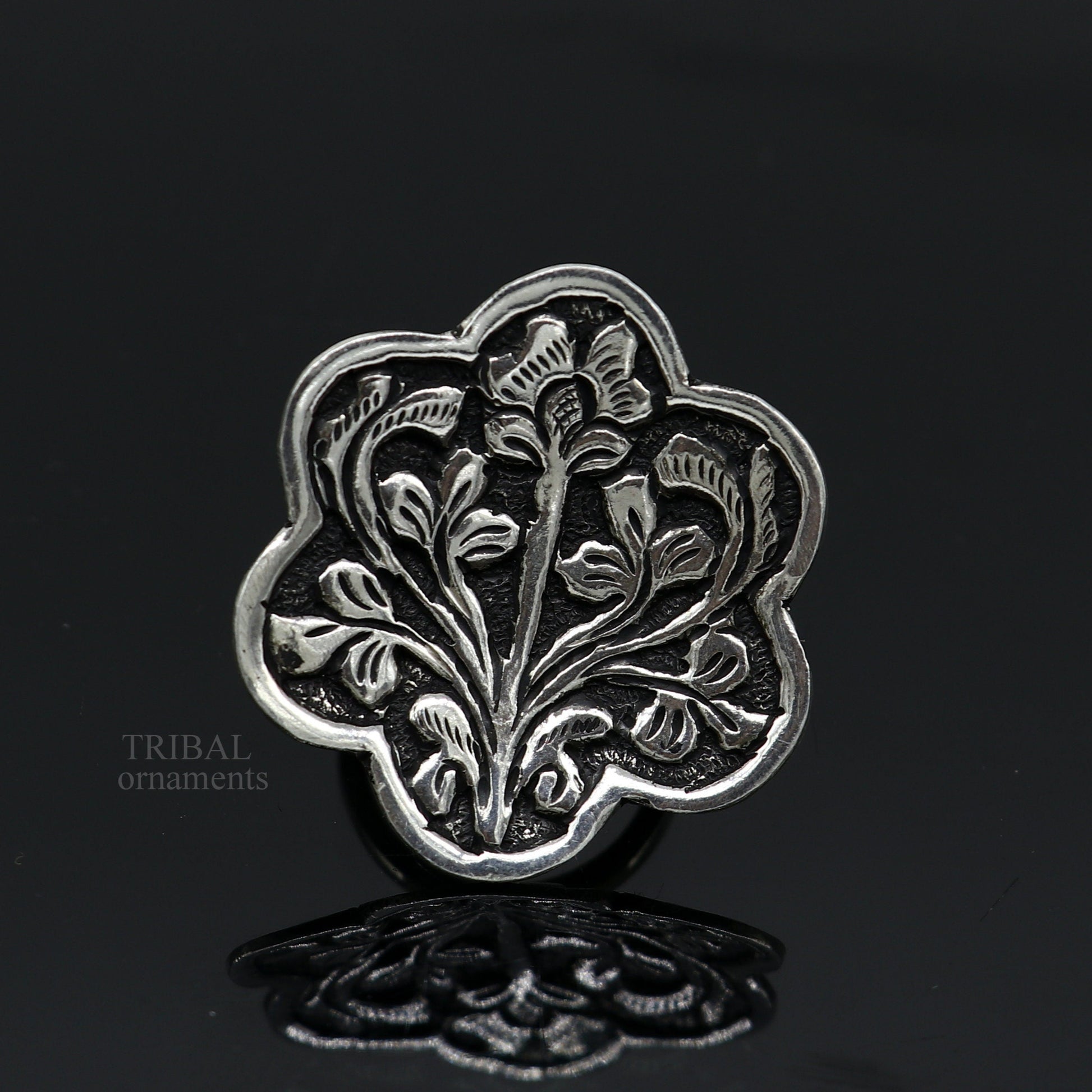 925 Sterling silver handmade gorgeous flower design chitai work adjustable rings band fabulous tribal temple ring band, charm ring ring492 - TRIBAL ORNAMENTS