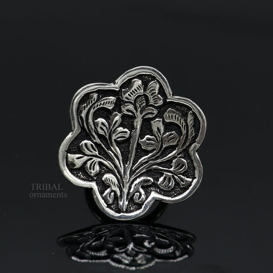 925 Sterling silver handmade gorgeous flower design chitai work adjustable rings band fabulous tribal temple ring band, charm ring ring492 - TRIBAL ORNAMENTS