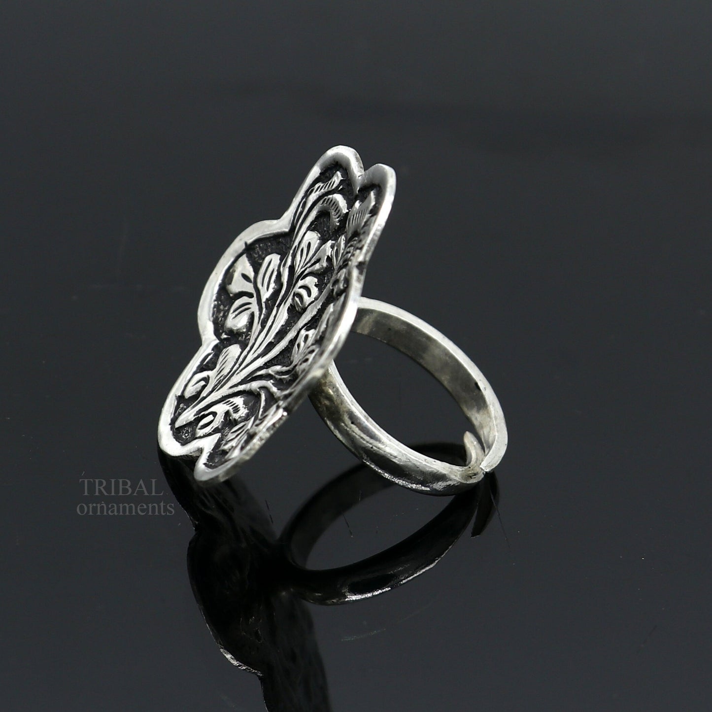 925 Sterling silver handmade gorgeous flower design chitai work adjustable rings band fabulous tribal temple ring band, charm ring ring492 - TRIBAL ORNAMENTS