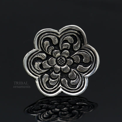 Sterling silver handmade flower-shaped adjustable ring with tribal chitai work, unisex ethnic jewelry by Tribal Ornaments.