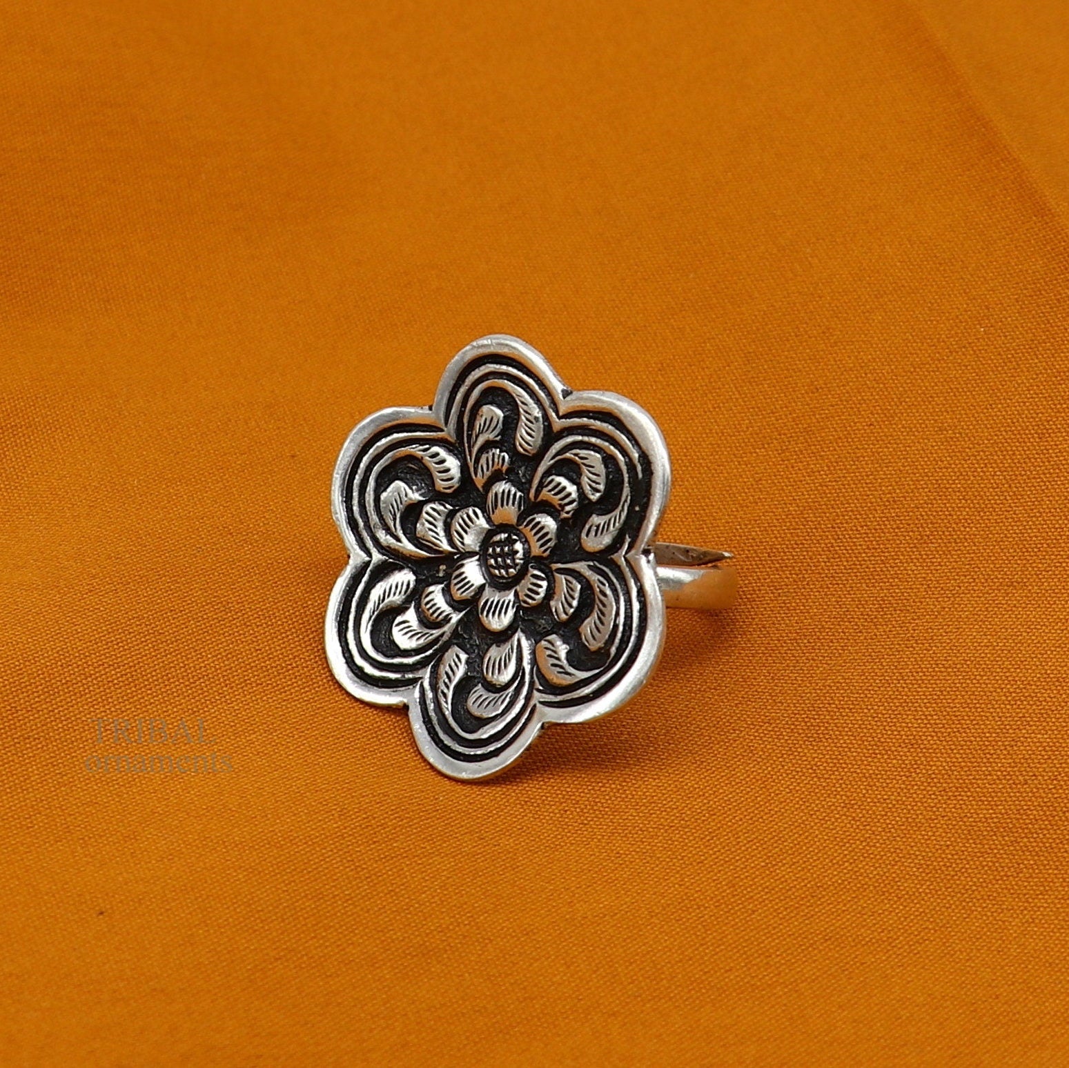 925 sterling silver handmade gorgeous flower shape adjustable ring band, unisex stylish gifting chitai work tribal ethnic jewelry ring496 - TRIBAL ORNAMENTS