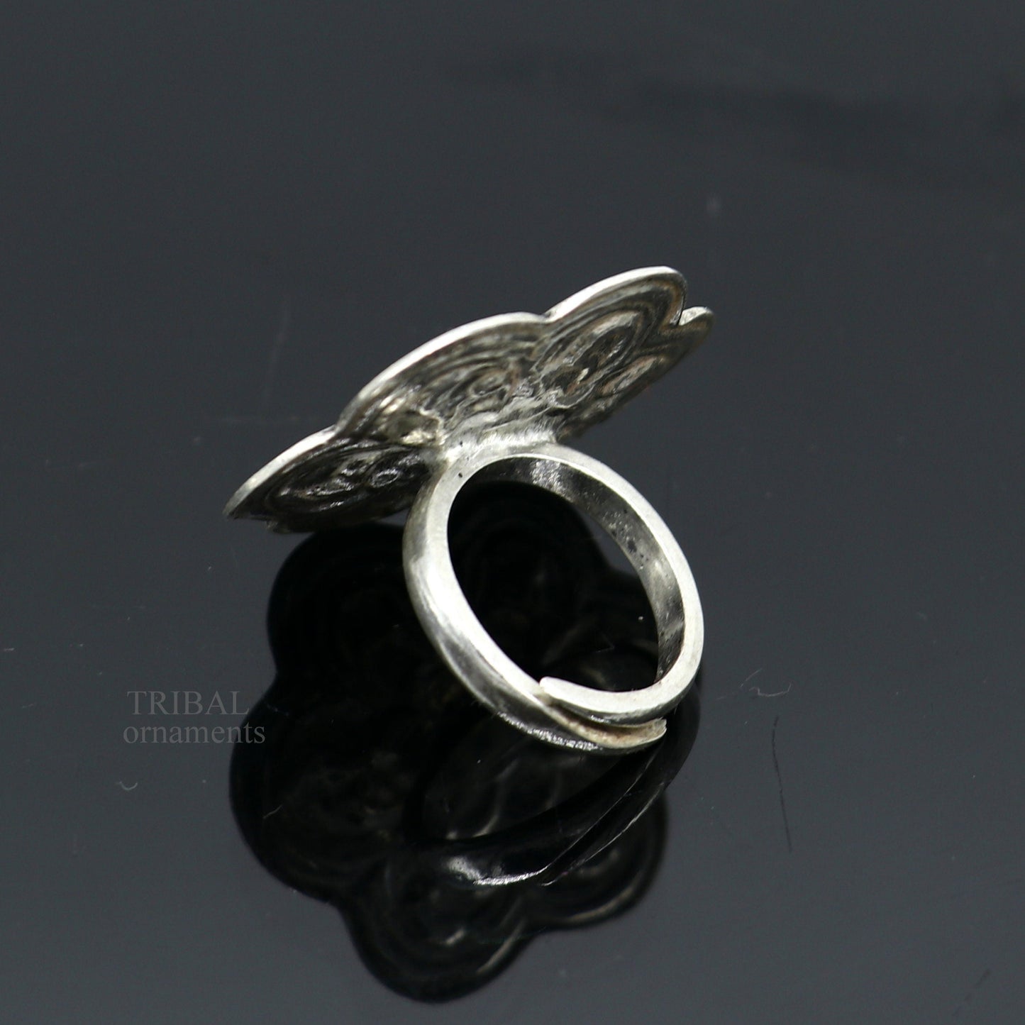 925 sterling silver handmade gorgeous flower shape adjustable ring band, unisex stylish gifting chitai work tribal ethnic jewelry ring496 - TRIBAL ORNAMENTS