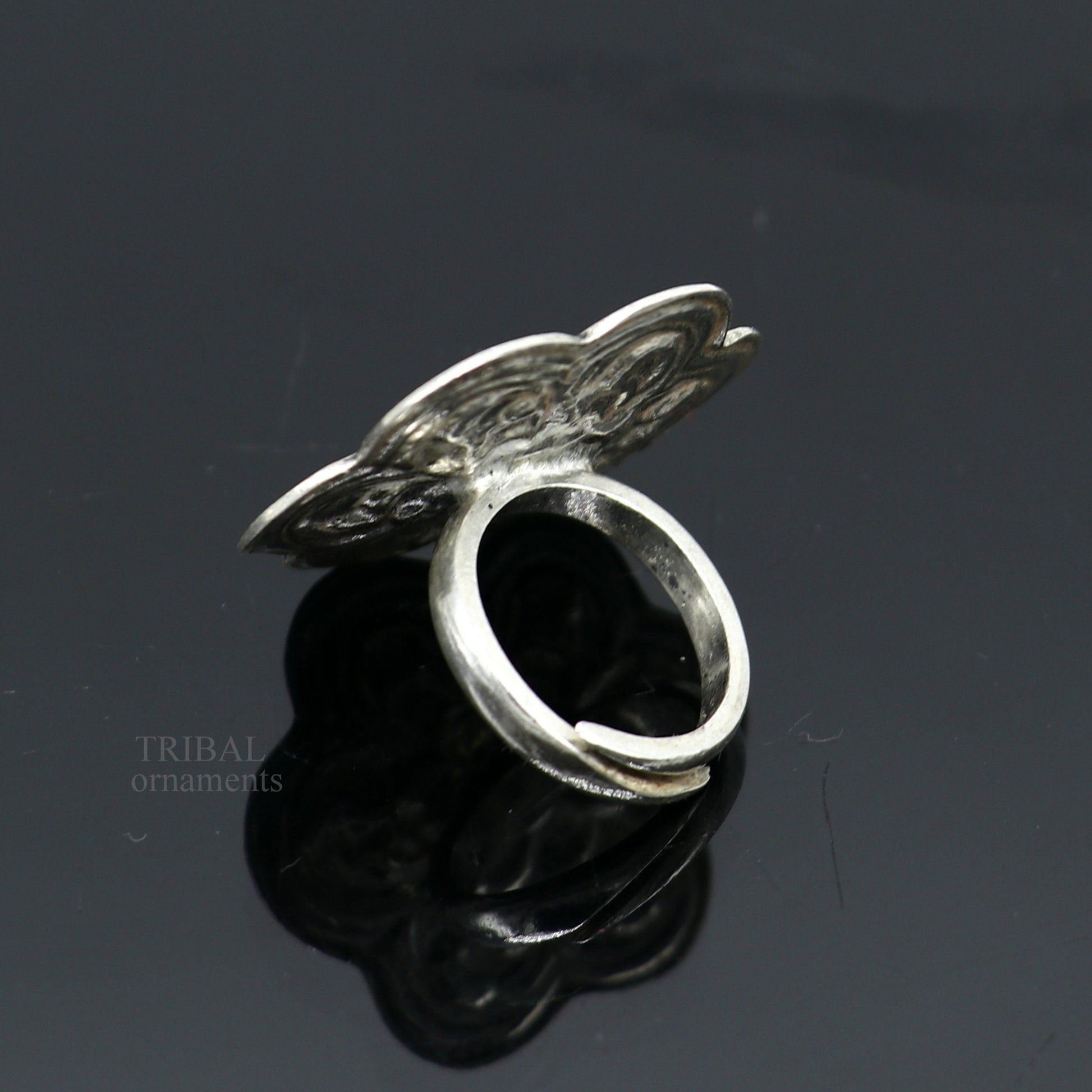 925 sterling silver handmade gorgeous flower shape adjustable ring band, unisex stylish gifting chitai work tribal ethnic jewelry ring496 - TRIBAL ORNAMENTS