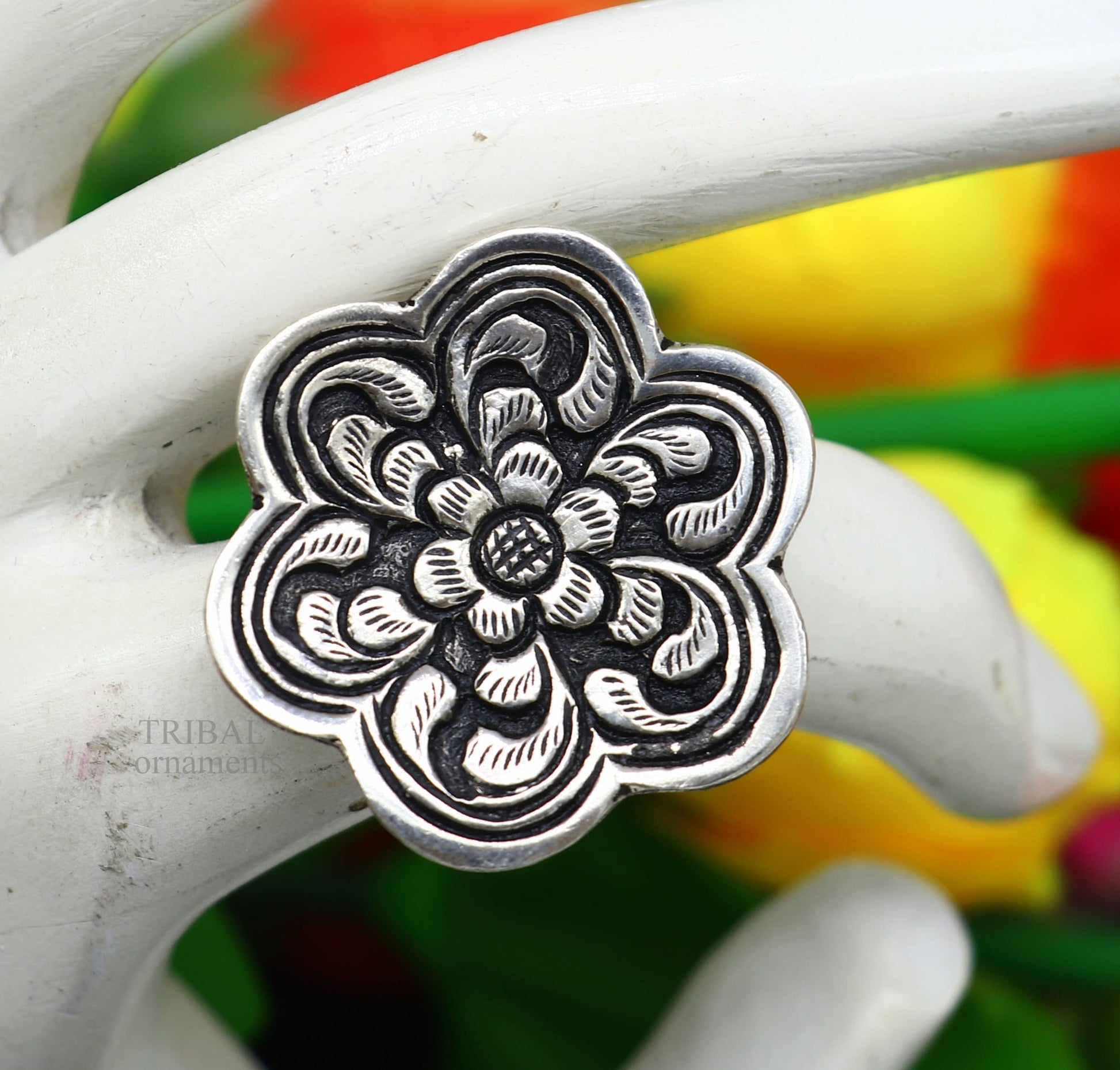 925 sterling silver handmade gorgeous flower shape adjustable ring band, unisex stylish gifting chitai work tribal ethnic jewelry ring496 - TRIBAL ORNAMENTS