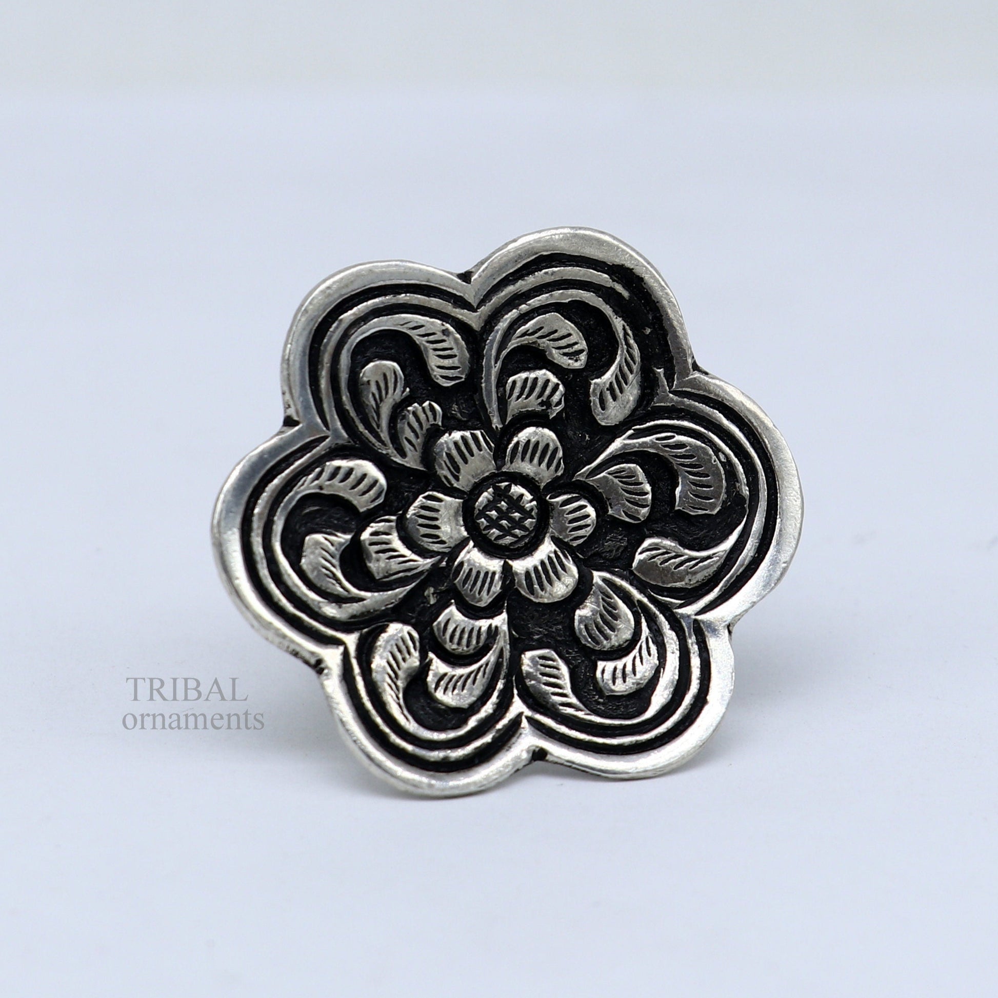 925 sterling silver handmade gorgeous flower shape adjustable ring band, unisex stylish gifting chitai work tribal ethnic jewelry ring496 - TRIBAL ORNAMENTS