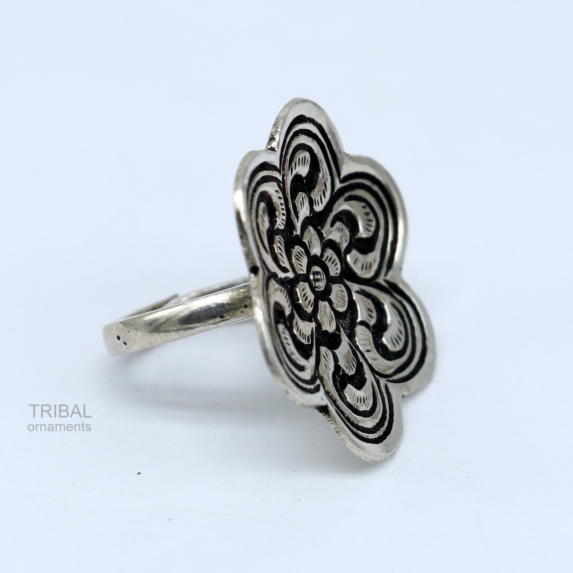 925 sterling silver handmade gorgeous flower shape adjustable ring band, unisex stylish gifting chitai work tribal ethnic jewelry sr302 - TRIBAL ORNAMENTS