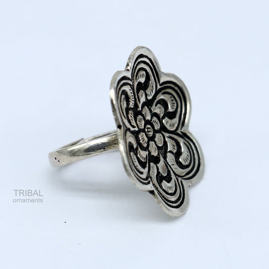 925 sterling silver handmade gorgeous flower shape adjustable ring band, unisex stylish gifting chitai work tribal ethnic jewelry sr302 - TRIBAL ORNAMENTS