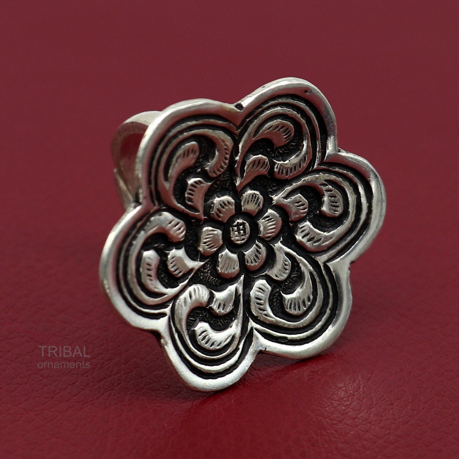925 sterling silver handmade gorgeous flower shape adjustable ring band, unisex stylish gifting chitai work tribal ethnic jewelry sr302 - TRIBAL ORNAMENTS