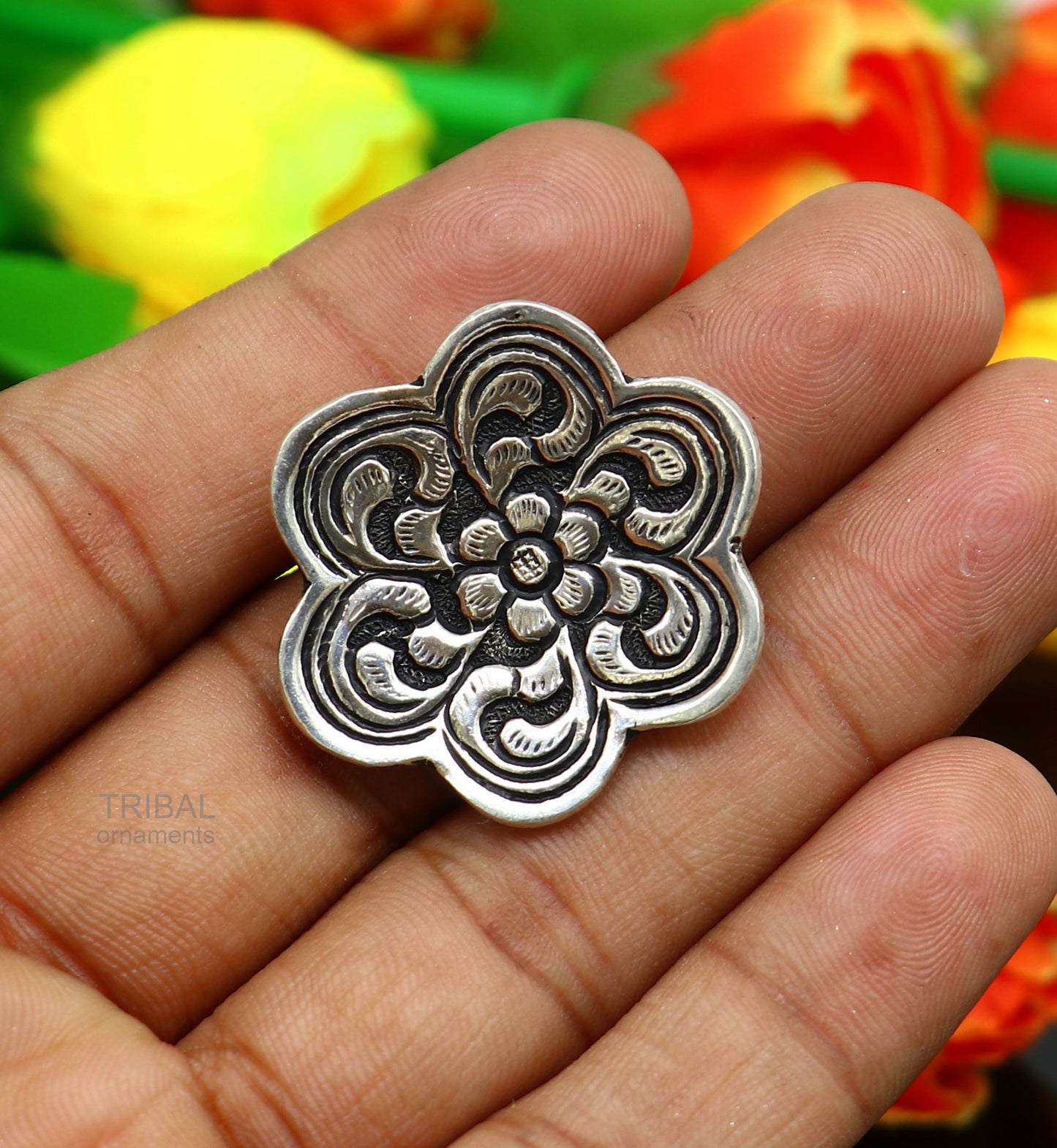 925 sterling silver handmade gorgeous flower shape adjustable ring band, unisex stylish gifting chitai work tribal ethnic jewelry sr302 - TRIBAL ORNAMENTS