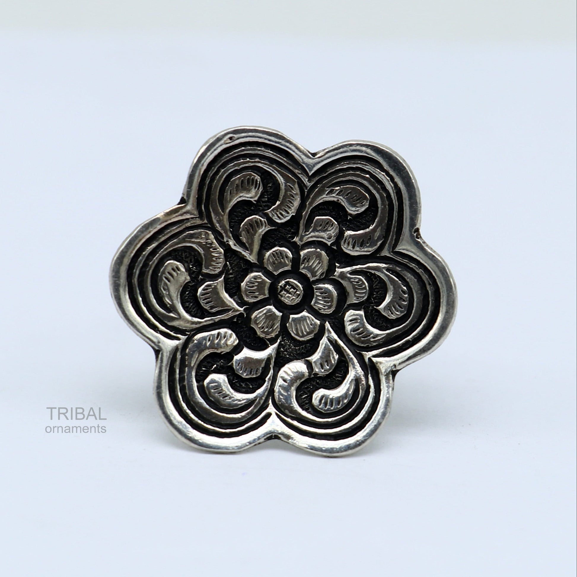 925 sterling silver handmade gorgeous flower shape adjustable ring band, unisex stylish gifting chitai work tribal ethnic jewelry sr302 - TRIBAL ORNAMENTS