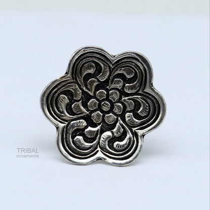 925 sterling silver handmade gorgeous flower shape adjustable ring band, unisex stylish gifting chitai work tribal ethnic jewelry sr302 - TRIBAL ORNAMENTS