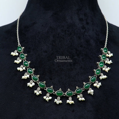 Sterling silver vintage necklace with green onyx and pearl accents, featuring a wedding bride charm and customizable jewelry design.
