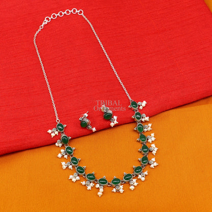 Sterling silver necklace with green onyx and pearl accents, vintage style, designed for wedding brides, by TRIBAL ORNAMENTS.