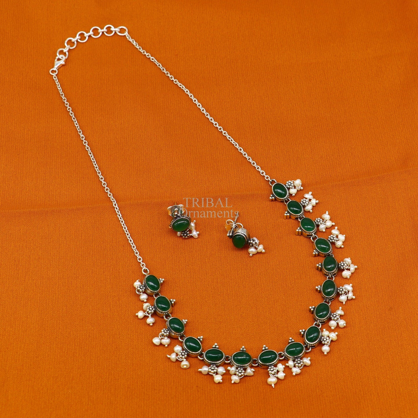 925 sterling silver handmade gorgeous green onyx and pearls vintage stylish necklace, wedding brides charm customized jewelry set339 - TRIBAL ORNAMENTS