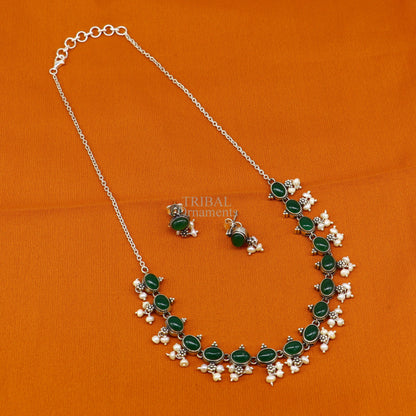 Sterling silver vintage necklace with green onyx and pearl accents, featuring a wedding bride charm and customizable jewelry elements.