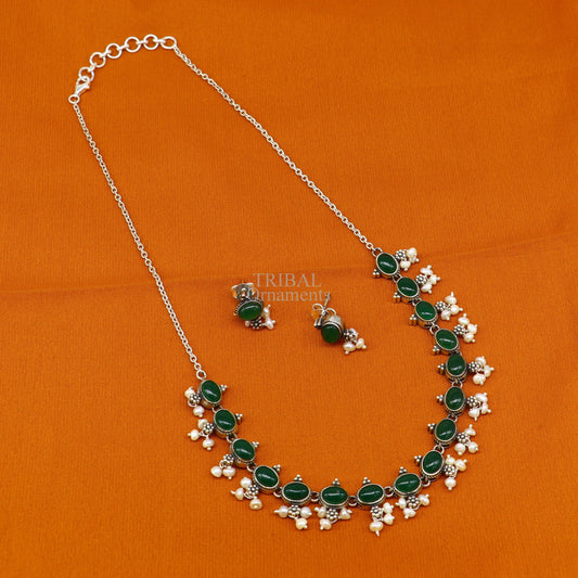 Sterling silver vintage necklace with green onyx and pearl accents, featuring a wedding bride charm and customizable jewelry elements.