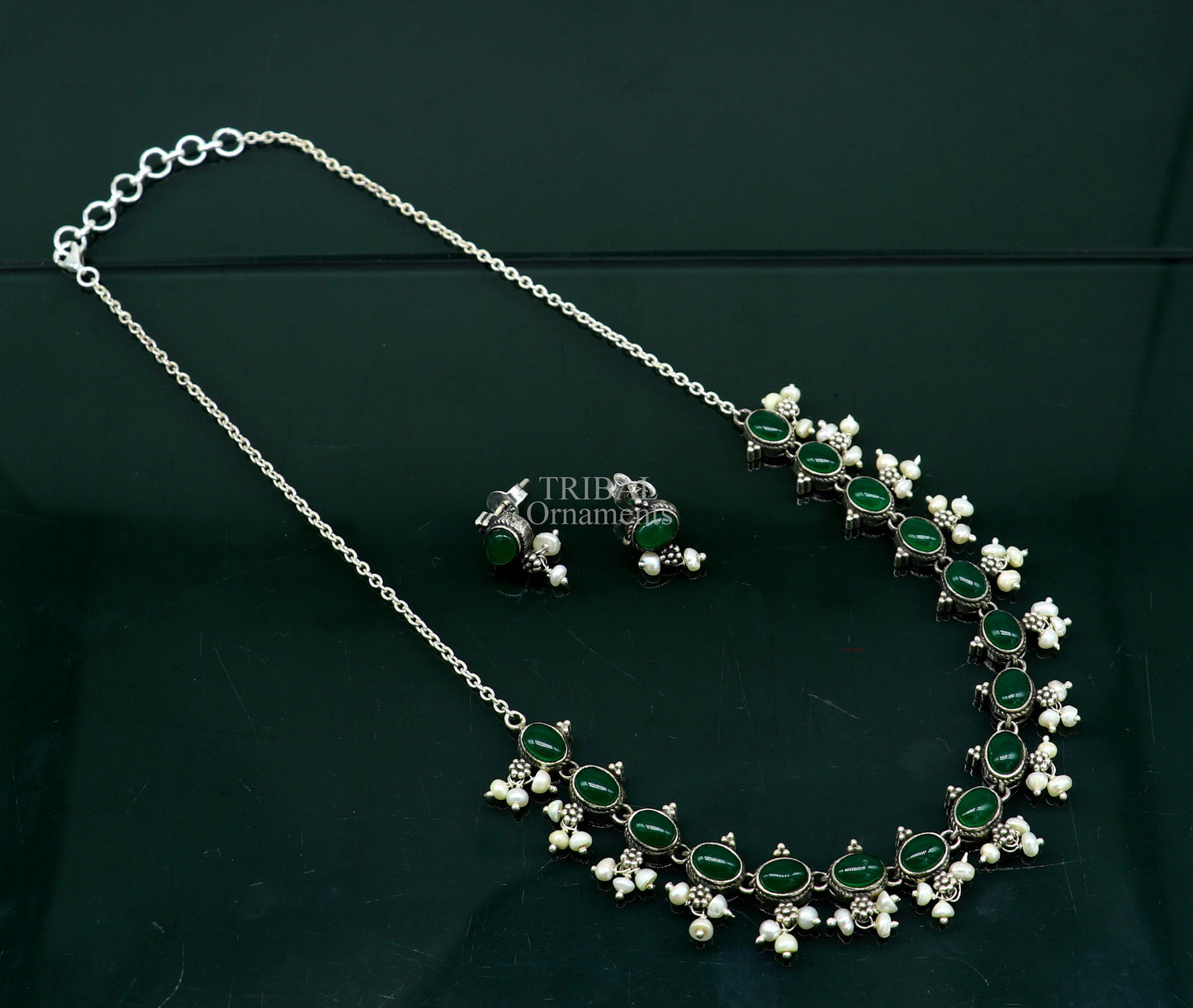 925 sterling silver handmade gorgeous green onyx and pearls vintage stylish necklace, wedding brides charm customized jewelry set339 - TRIBAL ORNAMENTS