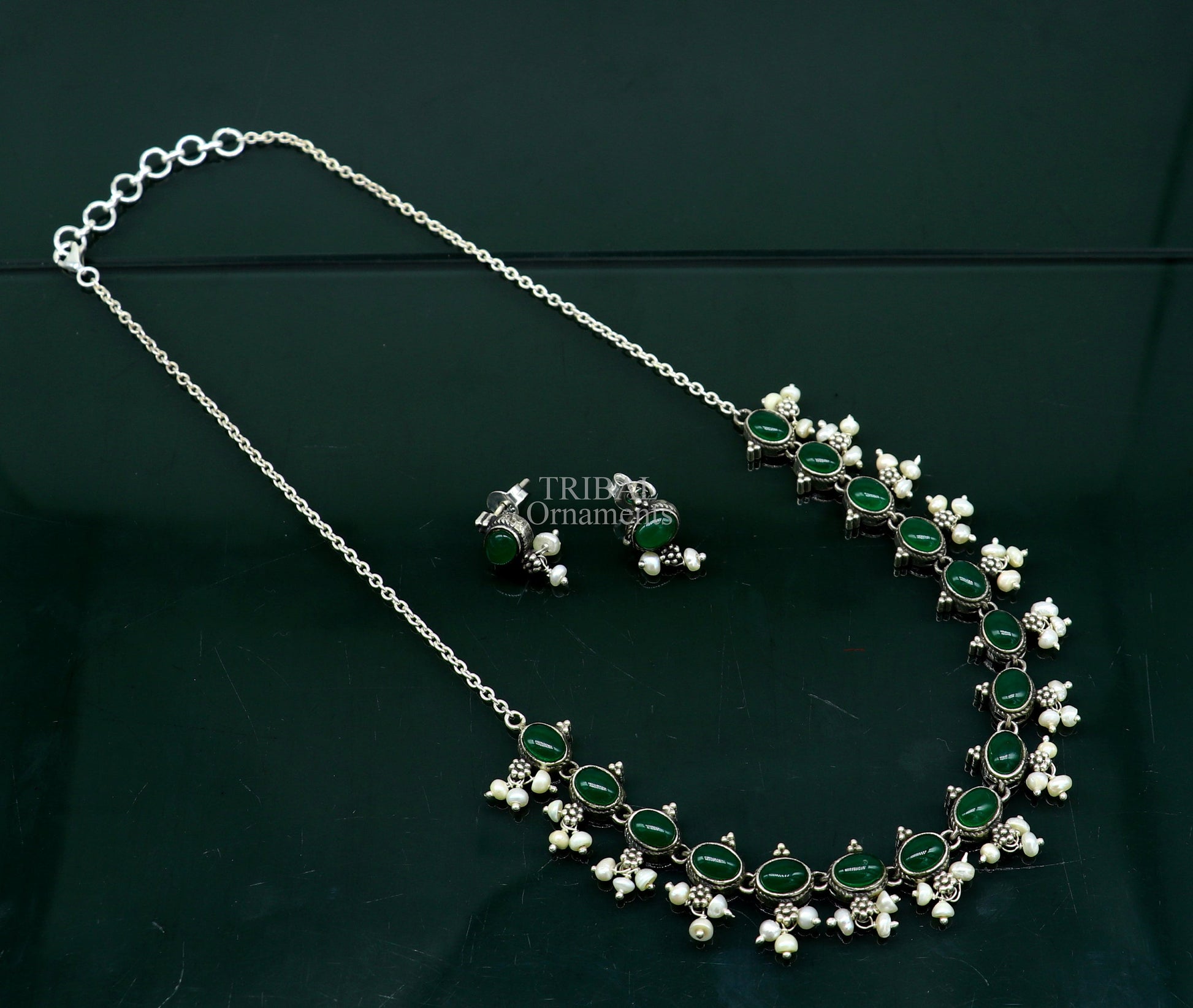 925 sterling silver handmade gorgeous green onyx and pearls vintage stylish necklace, wedding brides charm customized jewelry set339 - TRIBAL ORNAMENTS