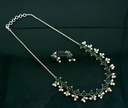 Sterling silver vintage necklace with green onyx and pearl accents, featuring a wedding bride charm and customizable jewelry set.