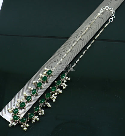 Sterling silver vintage necklace with green onyx and pearls, stylish wedding jewelry set with bride charm by TRIBAL ORNAMENTS