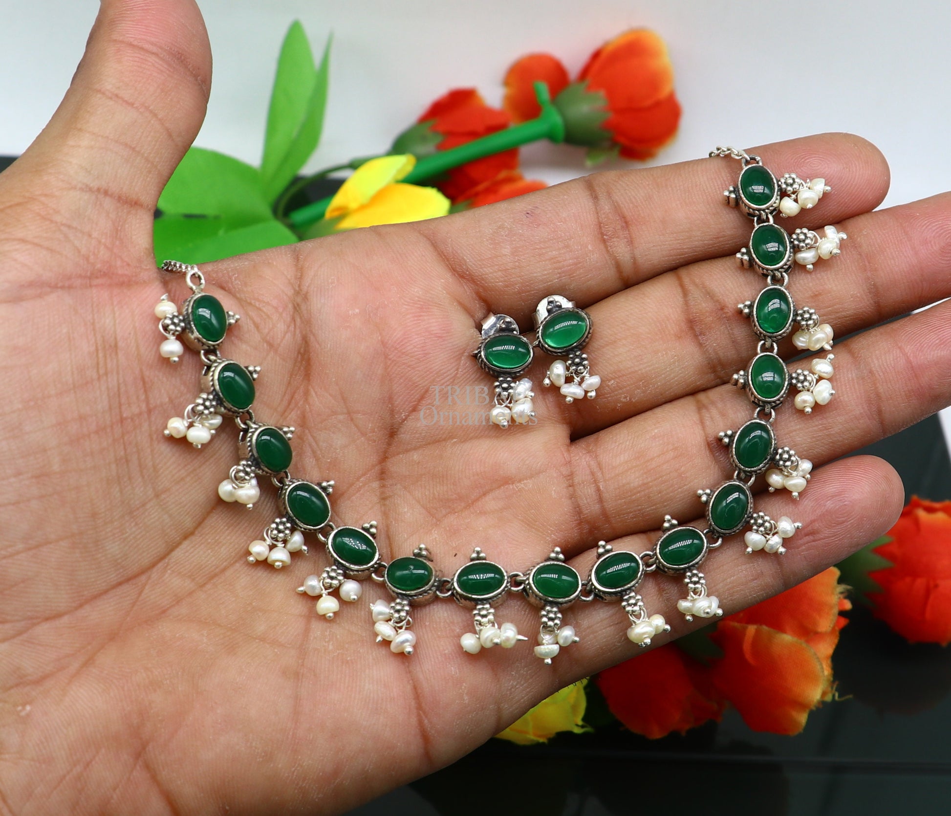 925 sterling silver handmade gorgeous green onyx and pearls vintage stylish necklace, wedding brides charm customized jewelry set339 - TRIBAL ORNAMENTS
