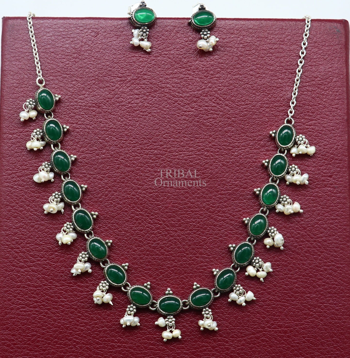 925 sterling silver handmade gorgeous green onyx and pearls vintage stylish necklace, wedding brides charm customized jewelry set339 - TRIBAL ORNAMENTS