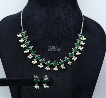 Sterling silver wedding necklace with green onyx and pearl accents, vintage style with a bridal charm, handcrafted jewelry by TRIBAL ORNAMENTS.
