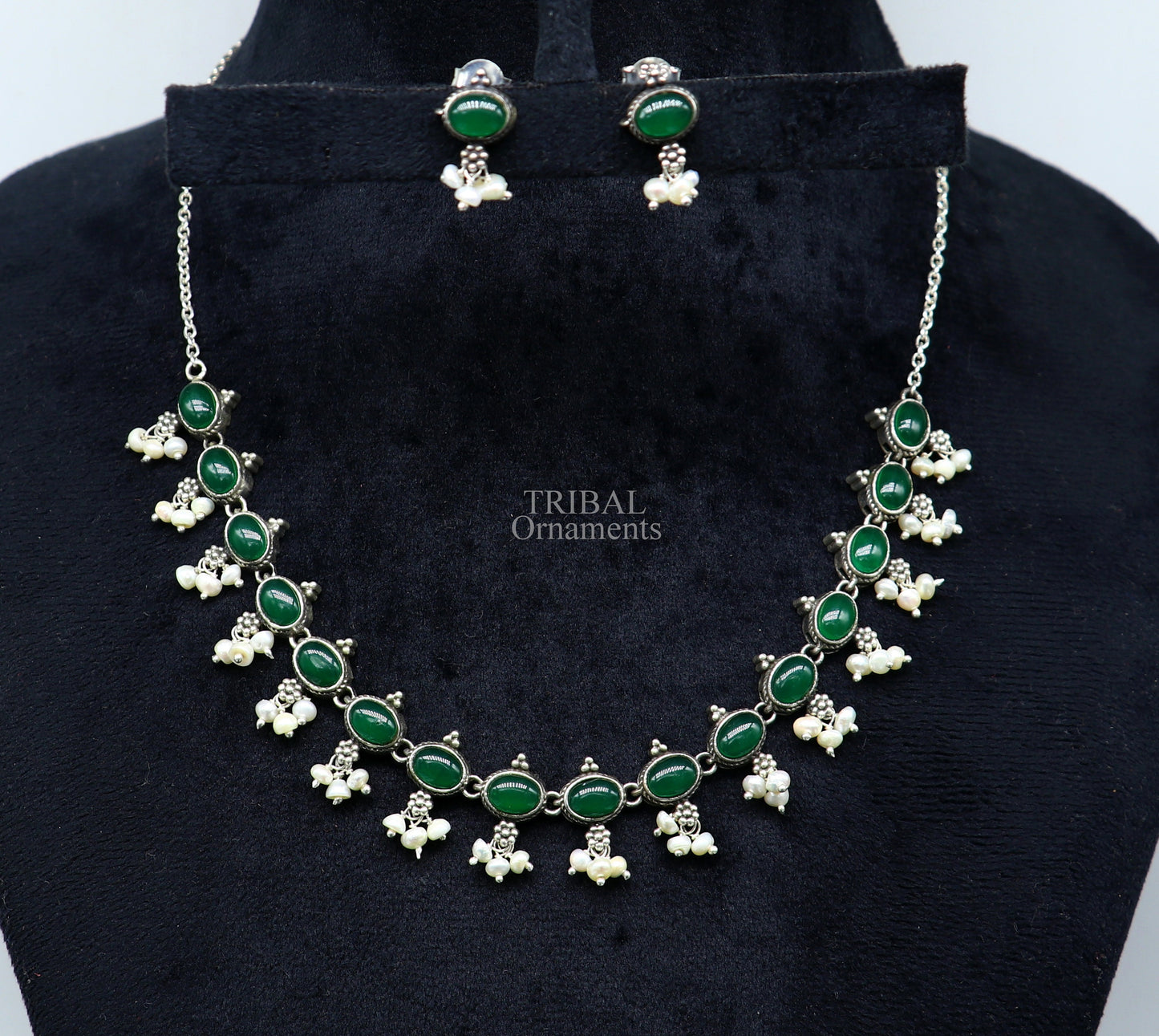 925 sterling silver handmade gorgeous green onyx and pearls vintage stylish necklace, wedding brides charm customized jewelry set339 - TRIBAL ORNAMENTS