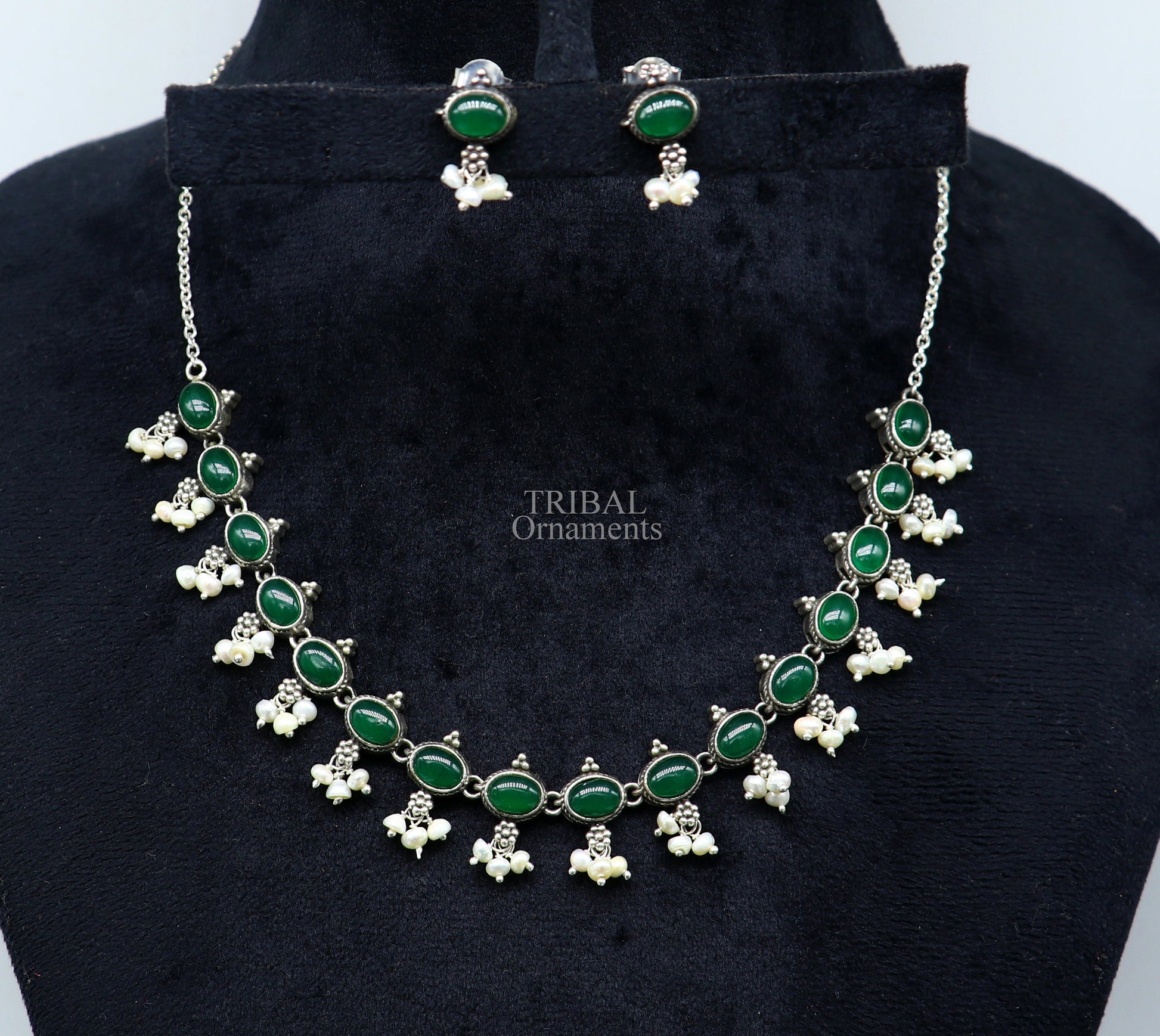 925 sterling silver handmade gorgeous green onyx and pearls vintage stylish necklace, wedding brides charm customized jewelry set339 - TRIBAL ORNAMENTS