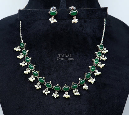 Sterling silver necklace with green onyx and pearl accents, vintage style wedding jewelry set by TRIBAL ORNAMENTS.