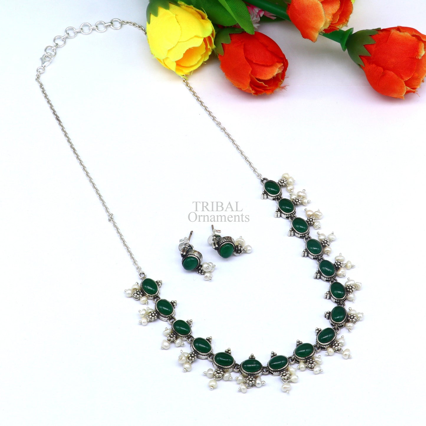 925 sterling silver handmade gorgeous green onyx and pearls vintage stylish necklace, wedding brides charm customized jewelry set339 - TRIBAL ORNAMENTS
