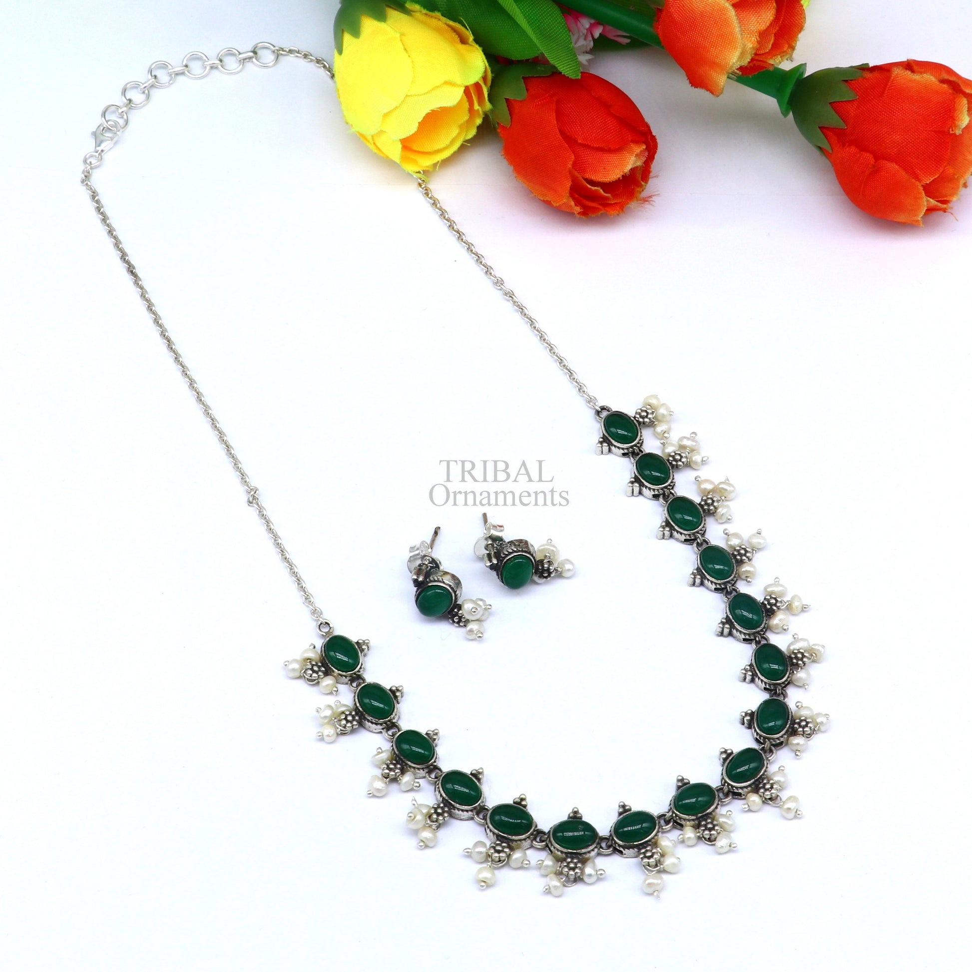 925 sterling silver handmade gorgeous green onyx and pearls vintage stylish necklace, wedding brides charm customized jewelry set339 - TRIBAL ORNAMENTS