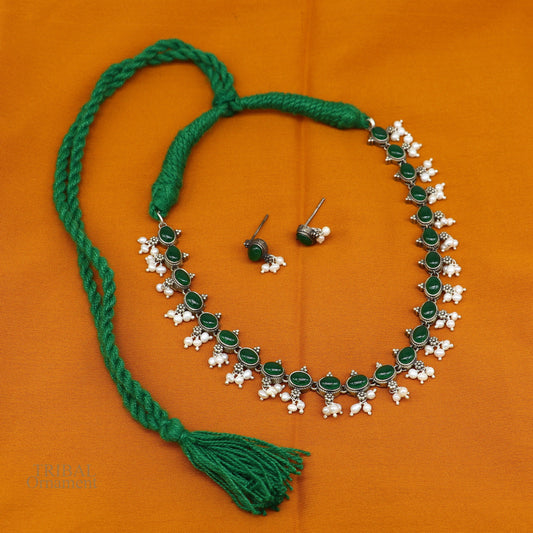 925 sterling silver handmade gorgeous green stone stylish pearl design necklace, wedding brides charm customized wedding jewelry set282 - TRIBAL ORNAMENTS