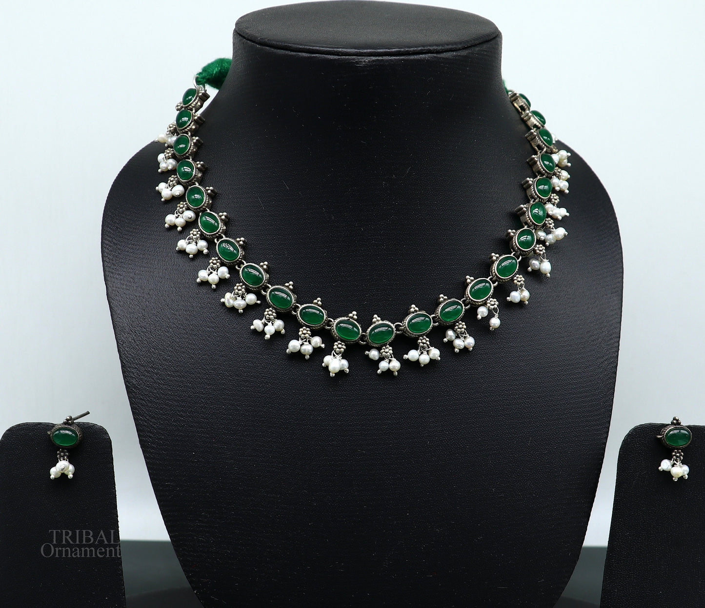 925 sterling silver handmade gorgeous green stone stylish pearl design necklace, wedding brides charm customized wedding jewelry set282 - TRIBAL ORNAMENTS