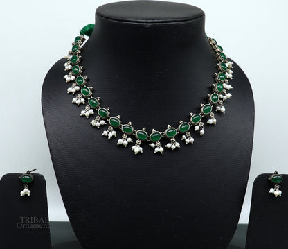 925 sterling silver handmade gorgeous green stone stylish pearl design necklace, wedding brides charm customized wedding jewelry set282 - TRIBAL ORNAMENTS