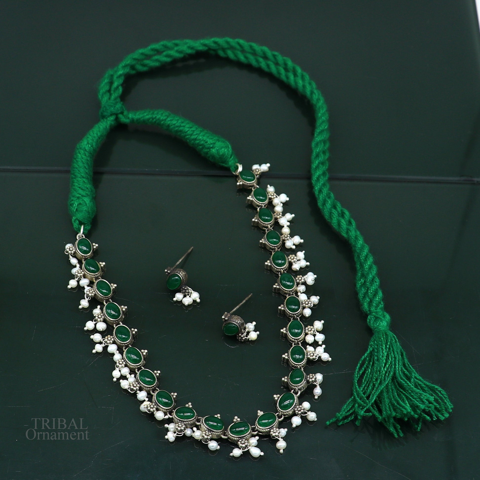 925 sterling silver handmade gorgeous green stone stylish pearl design necklace, wedding brides charm customized wedding jewelry set282 - TRIBAL ORNAMENTS