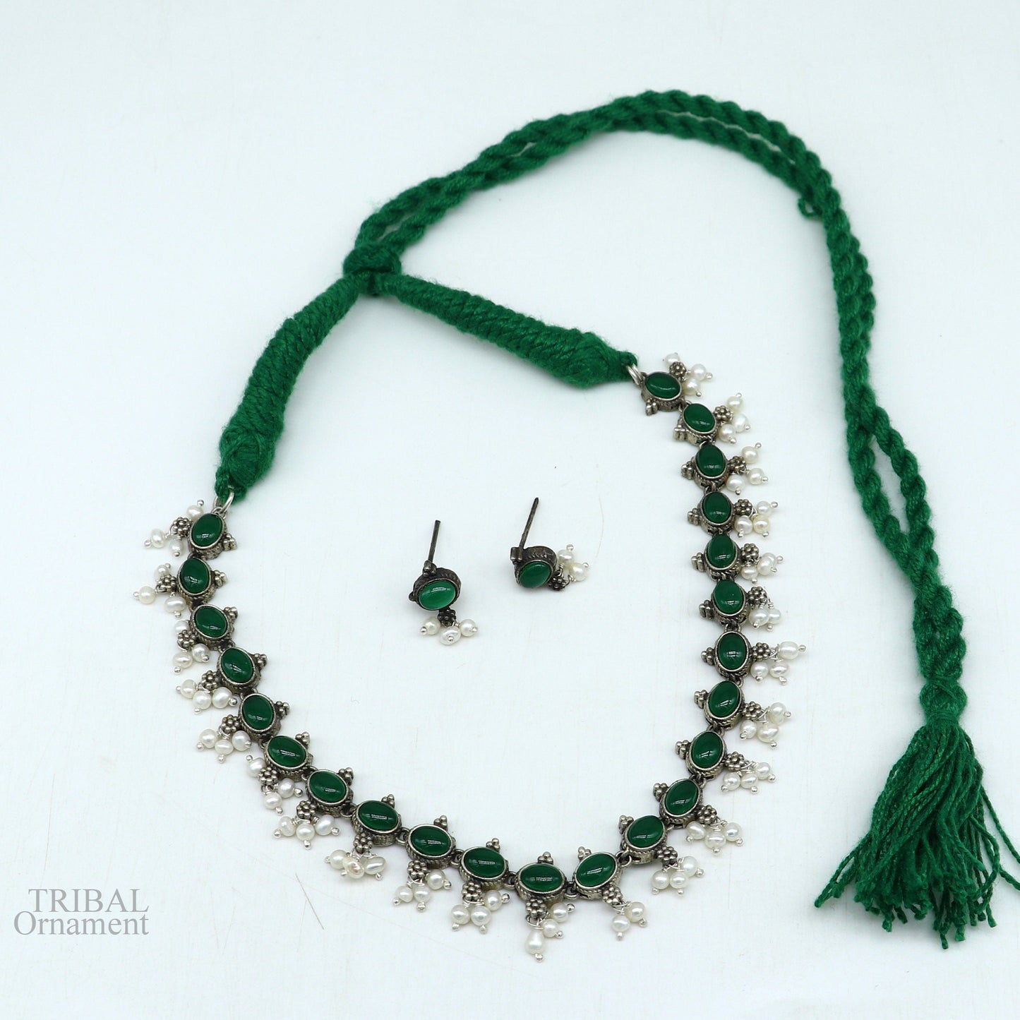 925 sterling silver handmade gorgeous green stone stylish pearl design necklace, wedding brides charm customized wedding jewelry set282 - TRIBAL ORNAMENTS