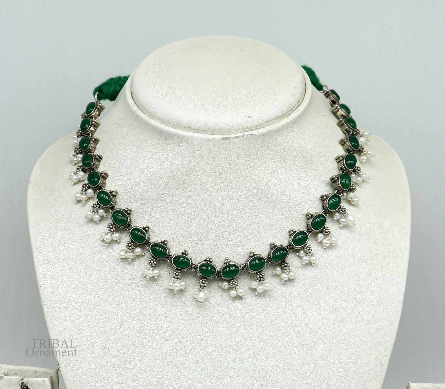 925 sterling silver handmade gorgeous green stone stylish pearl design necklace, wedding brides charm customized wedding jewelry set282 - TRIBAL ORNAMENTS