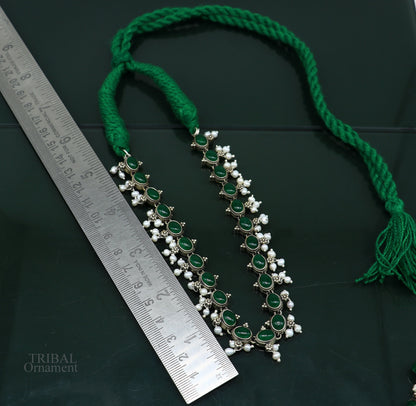 925 sterling silver handmade gorgeous green stone stylish pearl design necklace, wedding brides charm customized wedding jewelry set282 - TRIBAL ORNAMENTS