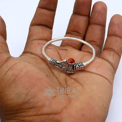 925 sterling silver Lord Shiva trident baby bangle bracelet, unisex tribal jewelry with intricate design and traditional ornament style.