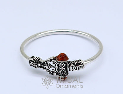 925 sterling silver Lord Shiva trident baby bangle bracelet, unisex tribal jewelry with intricate design and traditional Indian motifs.