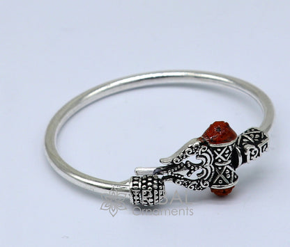 925 sterling silver Lord Shiva trident baby bangle bracelet, unisex tribal jewelry with intricate design and traditional motifs.